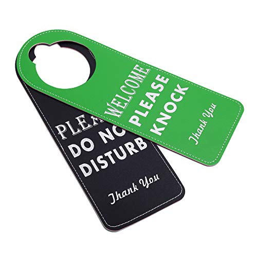 Kichwit Do Not Disturb Sign for Office, 2 Pack Door Knob Hanger Sign, Welcome Please Knock Sign (Black + Green)