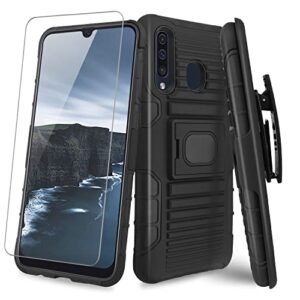 tjs phone case compatible with samsung galaxy a50/galaxy a30/galaxy a20, [tempered glass screen protector] belt clip holster magnetic support hybrid kickstand heavy duty cover (black)