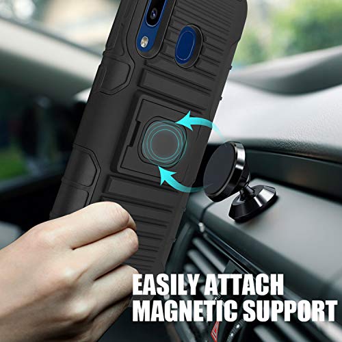 TJS Phone Case Compatible with Samsung Galaxy A50/Galaxy A30/Galaxy A20, [Tempered Glass Screen Protector] Belt Clip Holster Magnetic Support Hybrid Kickstand Heavy Duty Cover (Black)