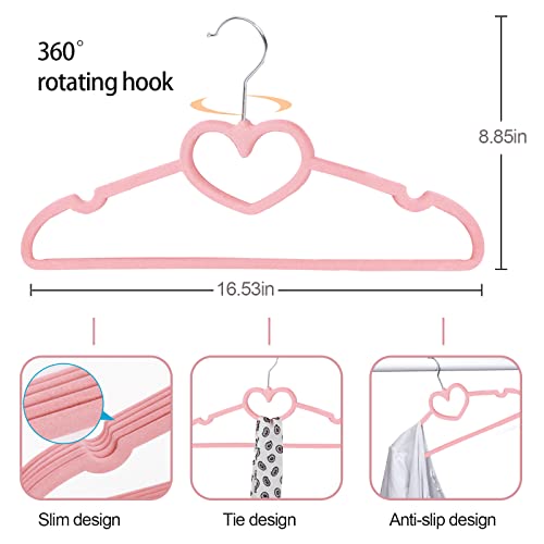 Velvet Hangers Pack of 20, Non Slip Standard Clothing Adult Heart-Shaped Clothes Hanger, Notches 360 Degree Swivel Hook Felt Hangers, for Heavy Coats, Jackets, Office Suits,Undergarments,Pink