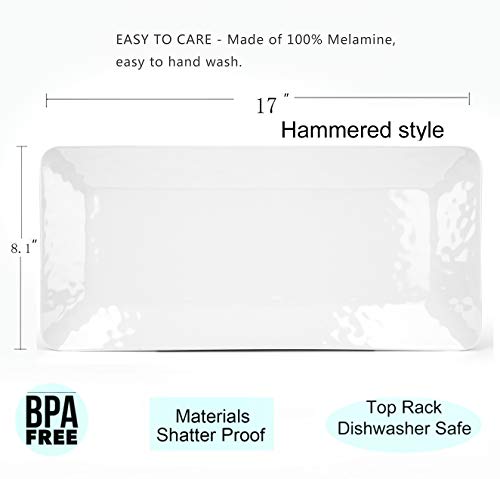 Set of 2 17 inch Melamine Serving Tray/Large Rectangular Serving Platters for Holiday Home Party,Break-Resistant and Lightweight,Hammered Finish(White Color)