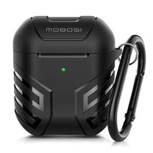 mobosi military airpods case cover designed for airpods 2 & 1, full-body protective vanguard armor series airpod case with keychain for airpods wireless charging case, black [front led visible]