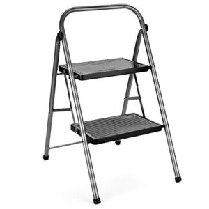 delxo 2 step ladder folding step stool 2 steps stepstool with handrails wide pedal,heavy duty sturdy small compact ladder portable anti-slip safety kitchen stepladder metal step stool for adults grey