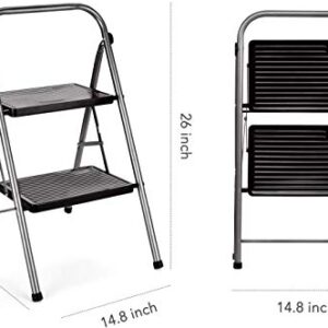 Delxo 2 Step Ladder Folding Step Stool 2 Steps Stepstool with Handrails Wide Pedal,Heavy Duty Sturdy Small Compact Ladder Portable Anti-Slip Safety Kitchen Stepladder Metal Step Stool for Adults Grey