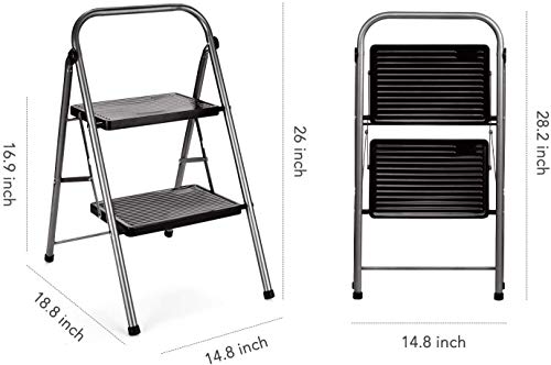 Delxo 2 Step Ladder Folding Step Stool 2 Steps Stepstool with Handrails Wide Pedal,Heavy Duty Sturdy Small Compact Ladder Portable Anti-Slip Safety Kitchen Stepladder Metal Step Stool for Adults Grey