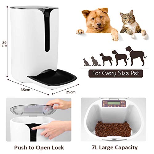 Automatic Pet Feeder for Dog and Cat Food Dispenser with Timed Programmable, Portion Control Up to 4 Meals Per Day, Voice Recorder, Battery and Plug-in Power 7L for Small Medium and Large Pet