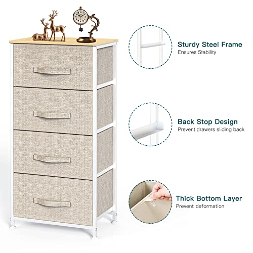 Pipishell Dresser with 4 Drawers, Tall Storage Tower with Sturdy Steel Frame Wood Top，Fabric Dresser Organizer Unit for Bedroom, Hallway, Entryway, Closets, Nursery Room