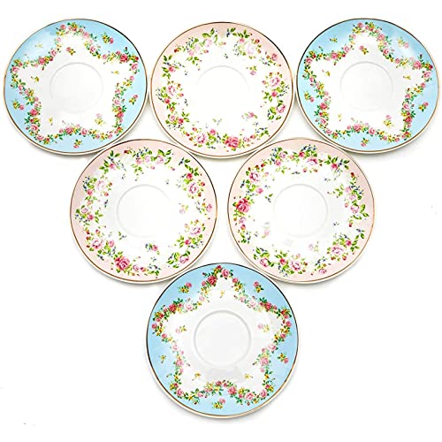 Set of 6 Vintage Floral Tea Cups and Saucers for Tea Party Supplies (Blue, Pink, 8oz)