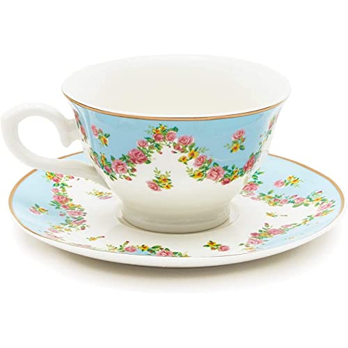 Set of 6 Vintage Floral Tea Cups and Saucers for Tea Party Supplies (Blue, Pink, 8oz)