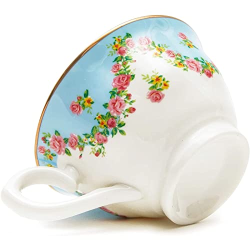 Set of 6 Vintage Floral Tea Cups and Saucers for Tea Party Supplies (Blue, Pink, 8oz)