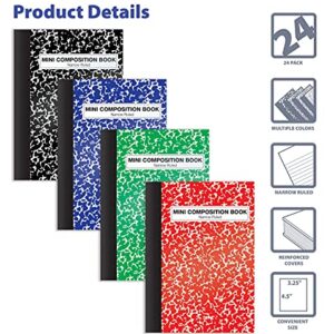 Mini Composition Books, 24 Pack, 4.5 x 3.25 inches, 80 Sheets, Narrow Ruled, by Better Office Products, Marble Covers in Red, Blue, Black, Green, 24 Pack