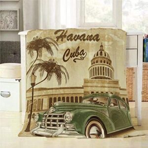 mugod havana cuba throw blanket retro poster with vintage old green car decorative soft warm cozy flannel plush throws blankets for bedding sofa couch 50 x 60 inch