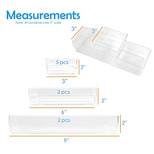 Houseables Drawer Organizer, Bathroom Storage, (3”x2”), (6”x2”), (9”x2”), 9 Pack, Clear, Various Sizes, Plastic, Dividers, Organizers, BPA Free, Eco-Friendly, For Cosmetics, Kitchen, Easy to Clean