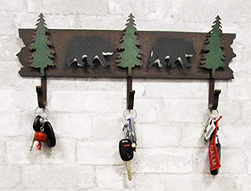 Ebros Western Rustic 2 Roaming Black Bear Silhouettes And 3 Green Pine Trees 3-Peg Cast Iron Wall Hooks 20.25"Wide Hanger 3D Abstract Art Forest Bears Coat Hat Keys Hook Decor Hanging Sculpture Plaque