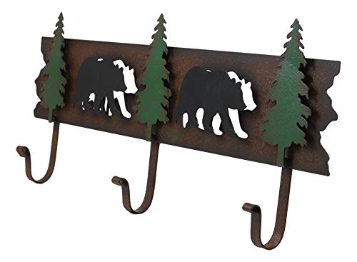 Ebros Western Rustic 2 Roaming Black Bear Silhouettes And 3 Green Pine Trees 3-Peg Cast Iron Wall Hooks 20.25"Wide Hanger 3D Abstract Art Forest Bears Coat Hat Keys Hook Decor Hanging Sculpture Plaque