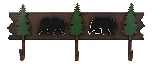 Ebros Western Rustic 2 Roaming Black Bear Silhouettes And 3 Green Pine Trees 3-Peg Cast Iron Wall Hooks 20.25"Wide Hanger 3D Abstract Art Forest Bears Coat Hat Keys Hook Decor Hanging Sculpture Plaque