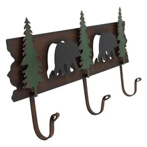 Ebros Western Rustic 2 Roaming Black Bear Silhouettes And 3 Green Pine Trees 3-Peg Cast Iron Wall Hooks 20.25"Wide Hanger 3D Abstract Art Forest Bears Coat Hat Keys Hook Decor Hanging Sculpture Plaque