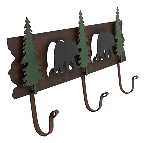 Ebros Western Rustic 2 Roaming Black Bear Silhouettes And 3 Green Pine Trees 3-Peg Cast Iron Wall Hooks 20.25"Wide Hanger 3D Abstract Art Forest Bears Coat Hat Keys Hook Decor Hanging Sculpture Plaque