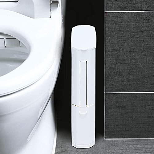 Trash Can 0.8 Gallon, Space Saving Bathroom Slim Garbage Can with a Lid, Modern White Multifunctional ABS Plastic Trash Can with Toilet Brush, Integrated Storage Cleaning Set for Home, Hotel, 9.8 x 3.9 x 17.6 inch