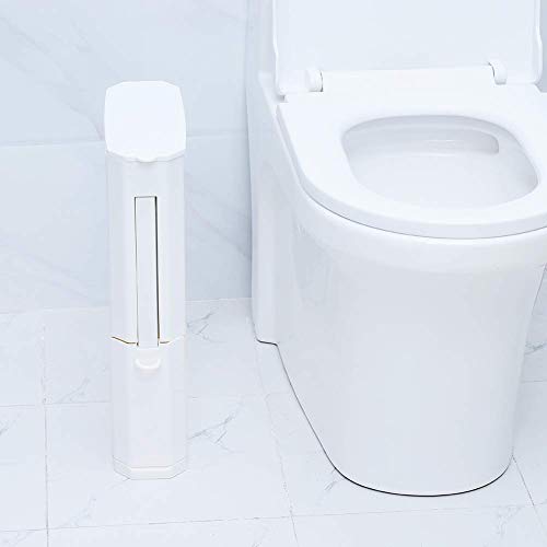 Trash Can 0.8 Gallon, Space Saving Bathroom Slim Garbage Can with a Lid, Modern White Multifunctional ABS Plastic Trash Can with Toilet Brush, Integrated Storage Cleaning Set for Home, Hotel, 9.8 x 3.9 x 17.6 inch