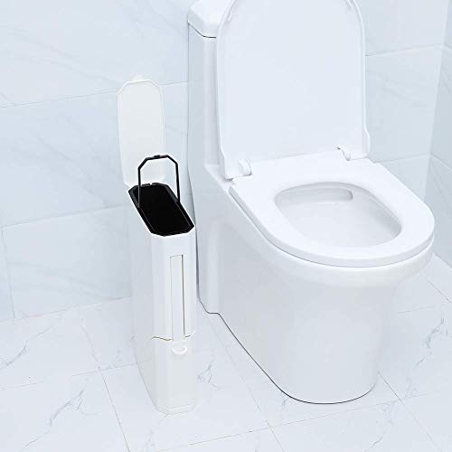 Trash Can 0.8 Gallon, Space Saving Bathroom Slim Garbage Can with a Lid, Modern White Multifunctional ABS Plastic Trash Can with Toilet Brush, Integrated Storage Cleaning Set for Home, Hotel, 9.8 x 3.9 x 17.6 inch