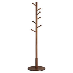 vasagle coat rack free standing with 7 rounded hooks, wood hall tree, entryway coat stand for clothes, hats, purses, in the entryway, living room, dark walnut urcr07wn