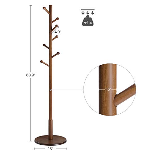 VASAGLE Coat Rack Free Standing with 7 Rounded Hooks, Wood Hall Tree, Entryway Coat Stand for Clothes, Hats, Purses, in The Entryway, Living Room, Dark Walnut URCR07WN