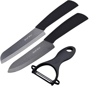 kitchen ceramic knife set professional knife with sheaths, super sharp rust proof stain resistant (6" chef knife, 6" bread knife, one peeler)