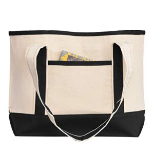 heavy canvas two-tone boat tote bags with front pocket for beach, grocery shopping, travel by tbf bags (set of 2) (black, medium)