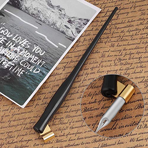 Hztyyier 6.5 Inch Calligraphy Oblique Nib Pen Holder, Black Right Handed Dip Nib Pen Holder with Removable Multi-fit Brass Flange for Beginners Birthday Gift