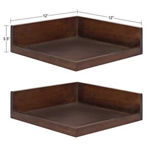 kate and laurel levie modern floating corner wood wall shelves, 12 x 12 inches, 2 pack, walnut brown
