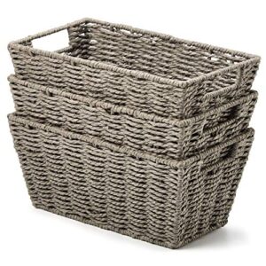 ezoware 3 durable paper rope woven storage baskets, braided multipurpose organizer bins with handle for kids baby closets, room decor, dog cat toys, gift baskets empty - gray