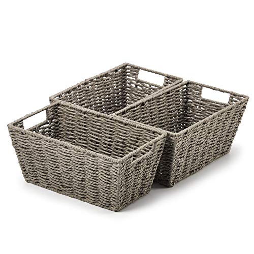 EZOWare 3 Durable Paper Rope Woven Storage Baskets, Braided Multipurpose Organizer Bins with Handle for Kids Baby Closets, Room Decor, Dog Cat Toys, Gift Baskets Empty - Gray