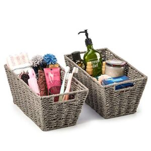 EZOWare 3 Durable Paper Rope Woven Storage Baskets, Braided Multipurpose Organizer Bins with Handle for Kids Baby Closets, Room Decor, Dog Cat Toys, Gift Baskets Empty - Gray