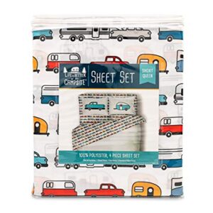 Camco Life is Better at the Campsite Queen-Size Beds | Set Includes (1) Fitted, (1) Flat Sheet and (2) Pillow Cases | Multi-RV Print (53299)
