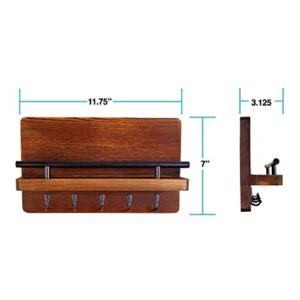 Ripple Creek Key Holder for Wall and Mail Shelf, Decorative Wooden Wall Rack for Keys, Letters, Bills - Pine Wood Unique and Industrial Decor, Perfect for Entryway, Kitchen (Brown, Large)