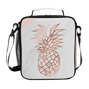 marble pineapple lunch boxes for girls, insulated lunch bag kids cooler freezable shoulder strap for school office