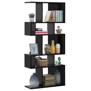 giantex 5-tier geometric bookshelf black, 70'' tall wood freestanding decorative display open shelves with anti-tipping device, each shelf holds up to 44 lbs, wooden s shaped bookcase