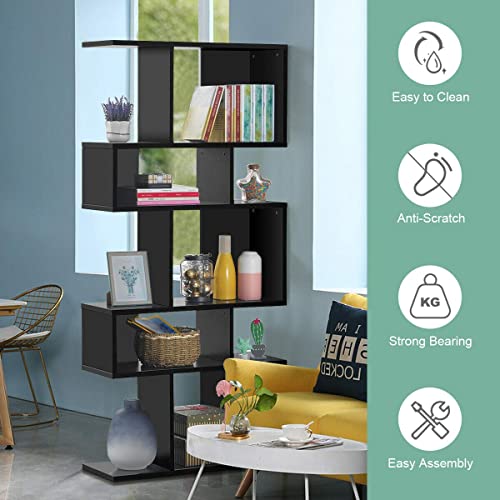 Giantex 5-Tier Geometric Bookshelf Black, 70'' Tall Wood Freestanding Decorative Display Open Shelves with Anti-Tipping Device, Each Shelf Holds up to 44 lbs, Wooden S Shaped Bookcase