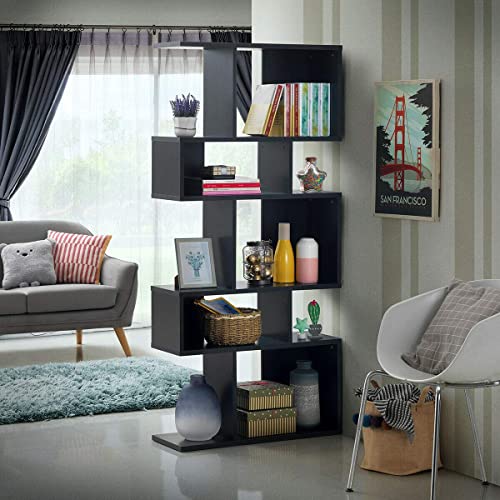 Giantex 5-Tier Geometric Bookshelf Black, 70'' Tall Wood Freestanding Decorative Display Open Shelves with Anti-Tipping Device, Each Shelf Holds up to 44 lbs, Wooden S Shaped Bookcase