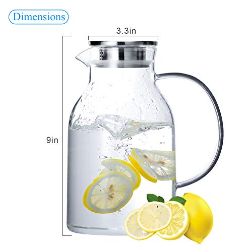 Vekonn Glass Pitcher with Lid, Glass Water Pitcher with Lid and Spout, 68 Ounces Heat Resistant Borosilicate Glass Carafe with Brush and Mixing Spoon, Temperature Safe