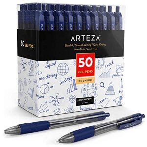 arteza gel pens, pack of 50 blue roller ball pens, quick-drying ink, 0.7mm medium point, office supplies for writing, taking notes, and sketching