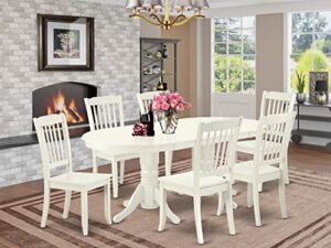 east west furniture 7 pc dining-room set dining table with self storing leaf and six wood seat dining chairs.