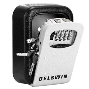 delswin wall mounted key lock box - weatherproof combo lockbox with 4-digit combination key storage box for home,airbnb,hotel,school,office,special car key