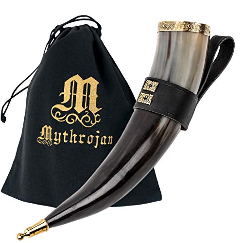 Mythrojan THE WEALTHY MERCHANT - Viking Drinking Horn with Black Leather holder Authentic Medieval Inspired Viking Wine/Mead Mug – Polished Finish