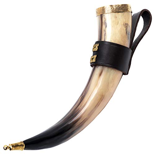 Mythrojan THE WEALTHY MERCHANT - Viking Drinking Horn with Black Leather holder Authentic Medieval Inspired Viking Wine/Mead Mug – Polished Finish