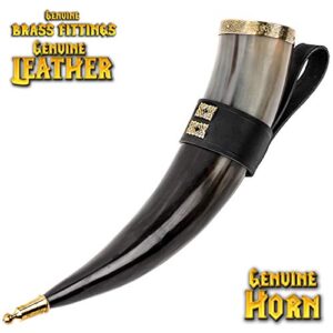 Mythrojan THE WEALTHY MERCHANT - Viking Drinking Horn with Black Leather holder Authentic Medieval Inspired Viking Wine/Mead Mug – Polished Finish