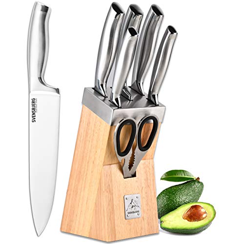 SVENSBJERG Kitchen Knife Block Set, 5 Piece Knives Set Professional Stainless Steel, Wooden Bamboo Block, Stainless Steel Stand Premium Knife Sets Knife Blocks Sharp