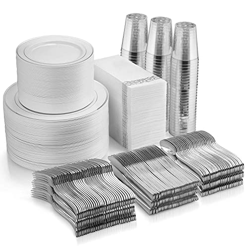 700 Piece Silver Dinnerware Set - 200 Silver Rim Plastic Plates - 300 Silver Plastic Silverware - 100 Silver Plastic Cups - 100 Linen Like Silver Napkins, 100 Guest Disposable Silver Dinnerware Set