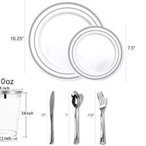 700 Piece Silver Dinnerware Set - 200 Silver Rim Plastic Plates - 300 Silver Plastic Silverware - 100 Silver Plastic Cups - 100 Linen Like Silver Napkins, 100 Guest Disposable Silver Dinnerware Set